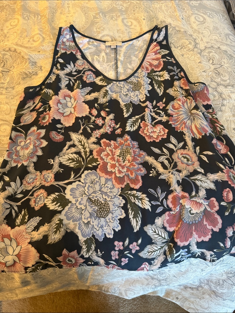 LOFT Black Floral Scoop Neck Camisole with Pink & Blue Blooms